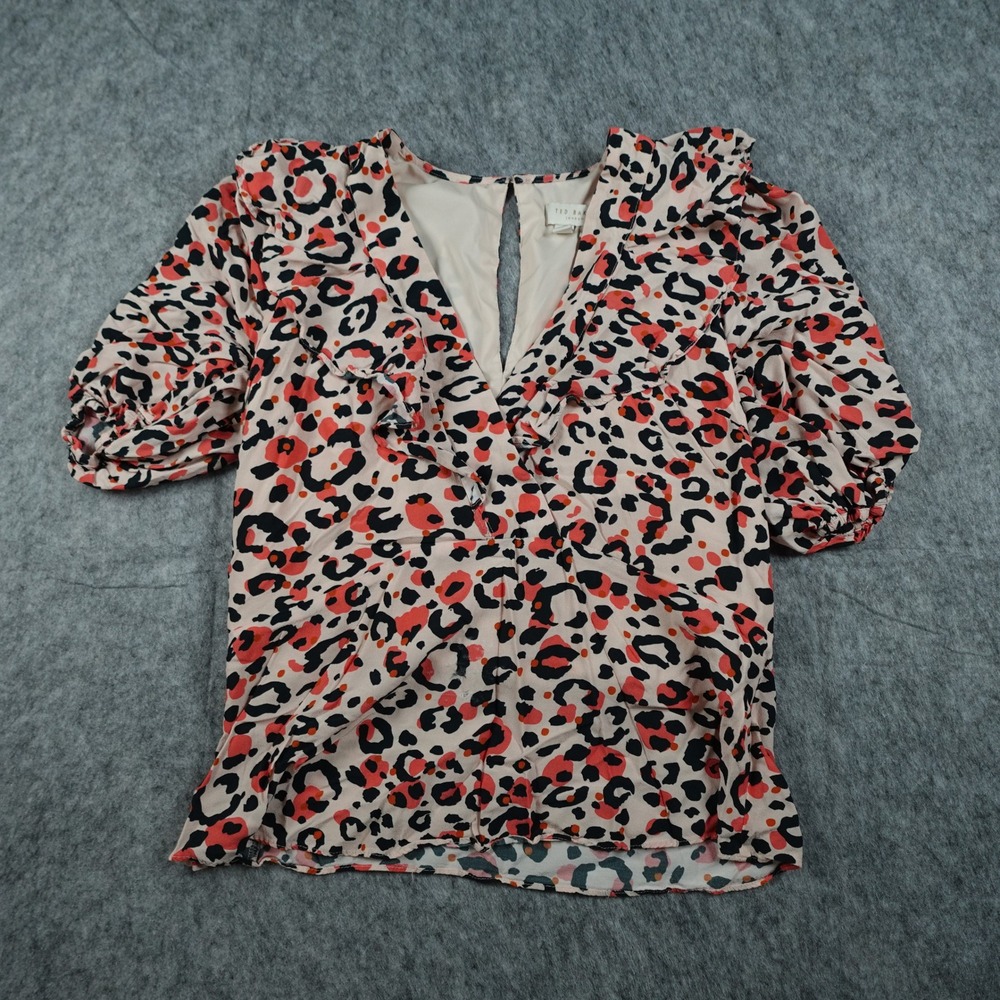 Ted Baker Top Women XS 0 Pink Leopard Print Ruffle V Neck Puff Sleeve Blouse